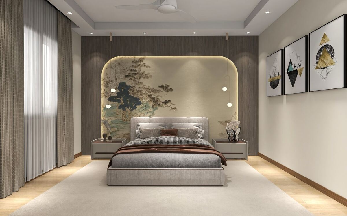 Bedroom with a lit mural wall