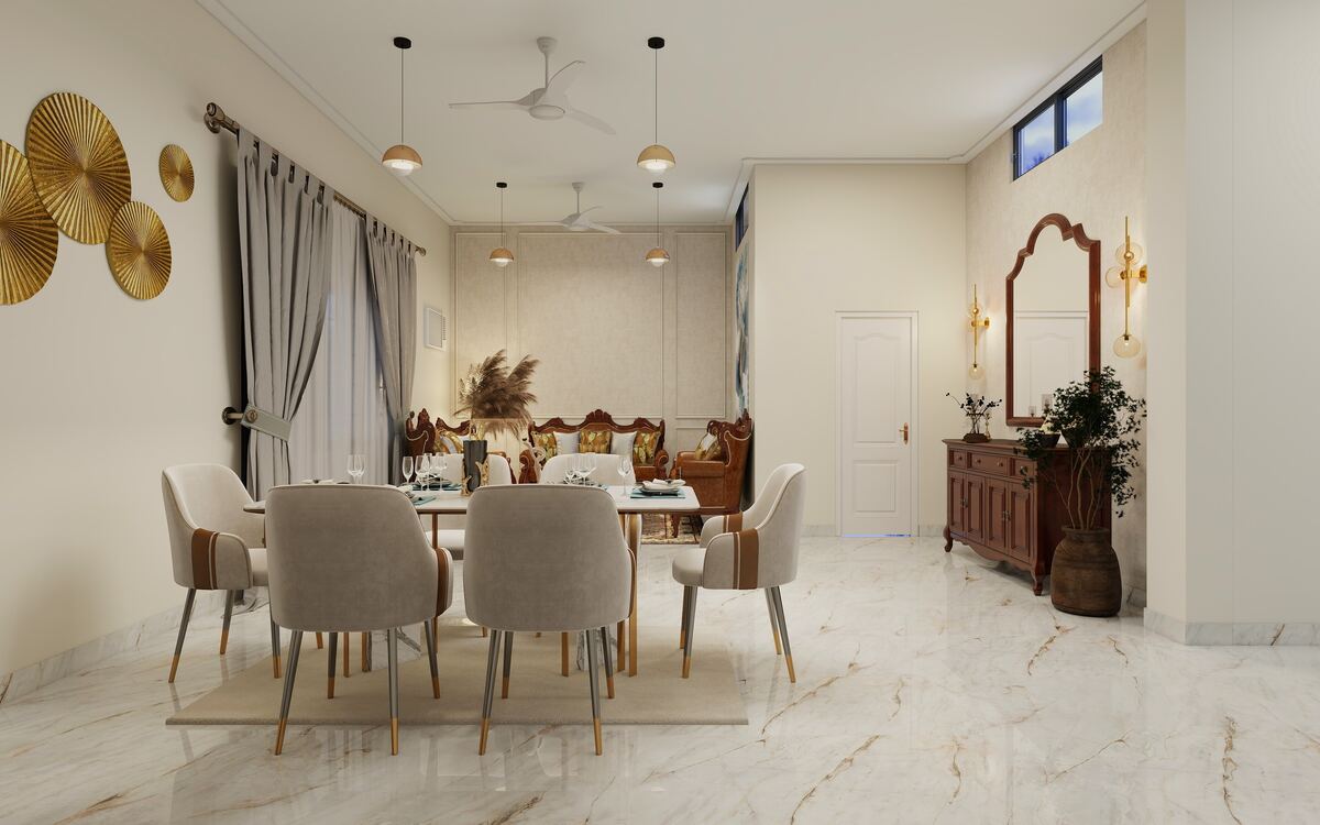 Living and dining with marble floors