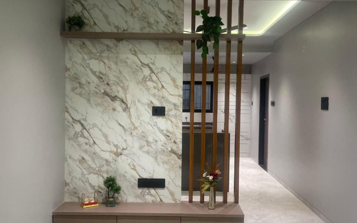 Marble wall with a timber slat partition