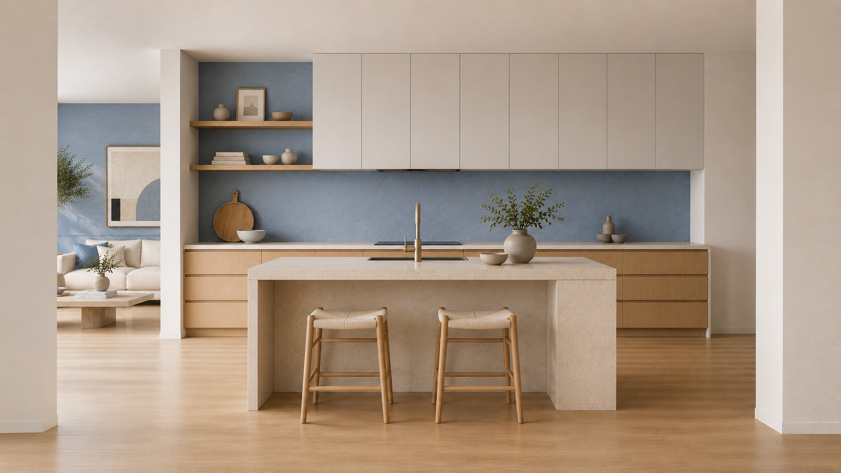 A kitchen with an island, oak base units and a blue splashback