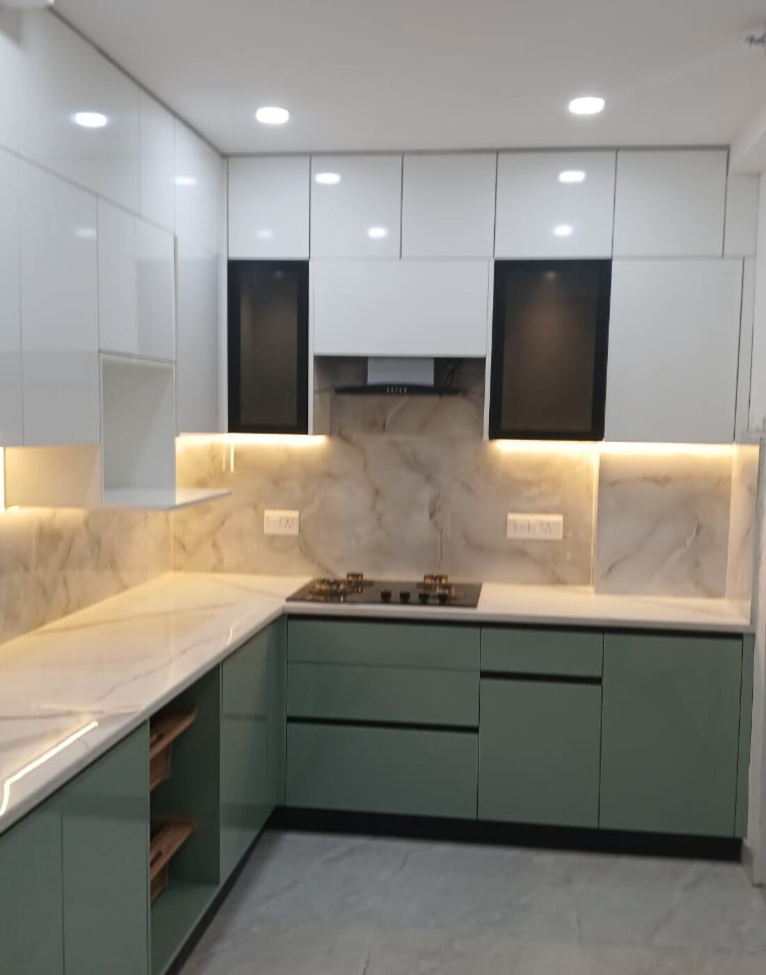 L-shaped kitchen in sage green