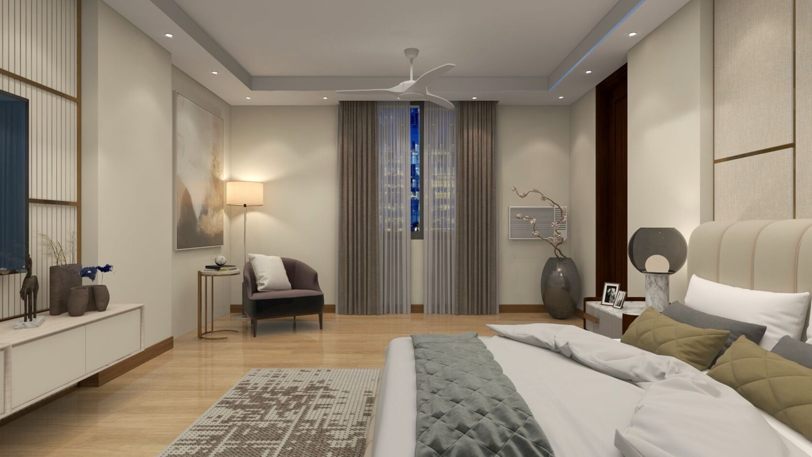 A luxury residential interior with a city view